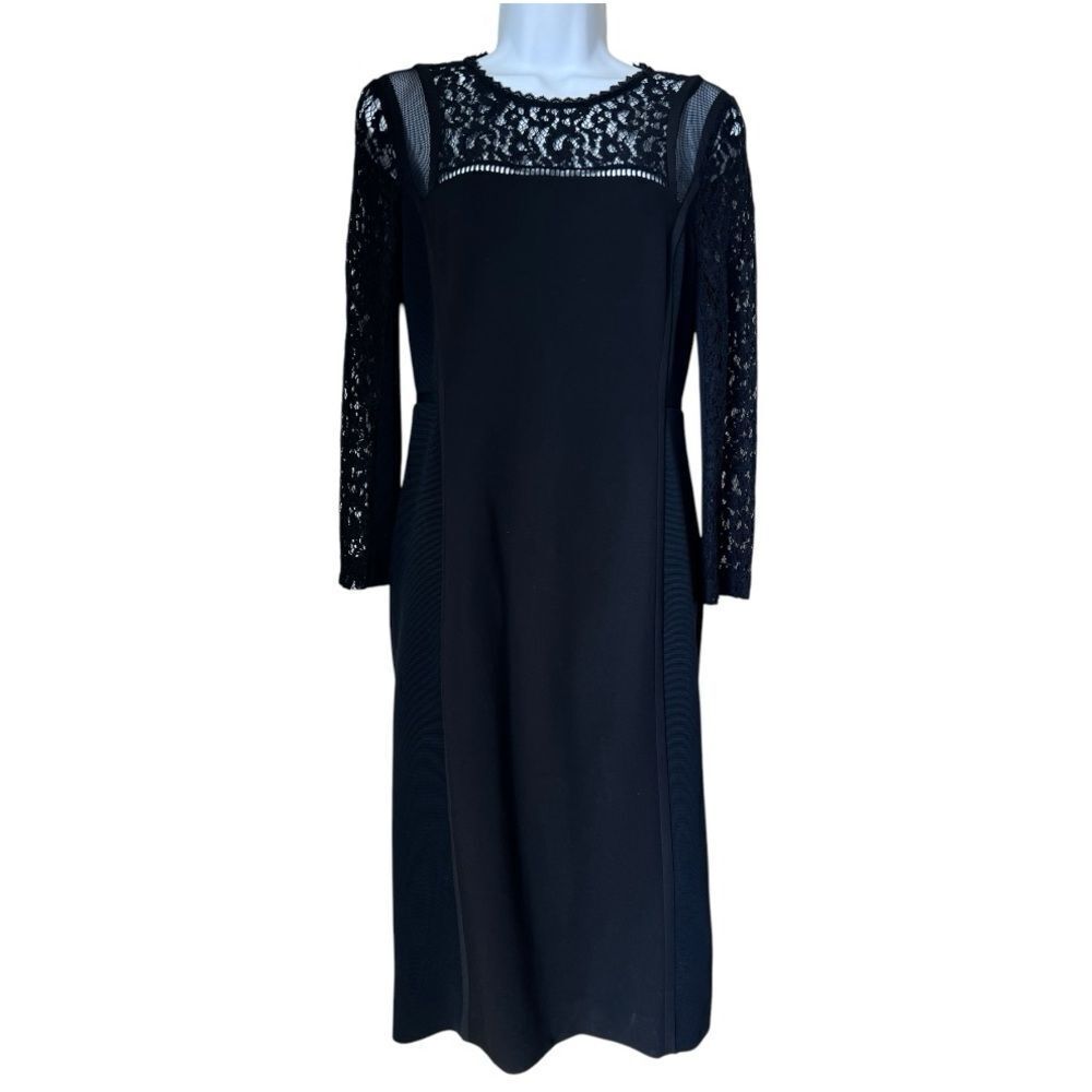 Rebecca Taylor Black Lace Trim Elegant Evening Long Sleeve Sheath Dress Sz 6
